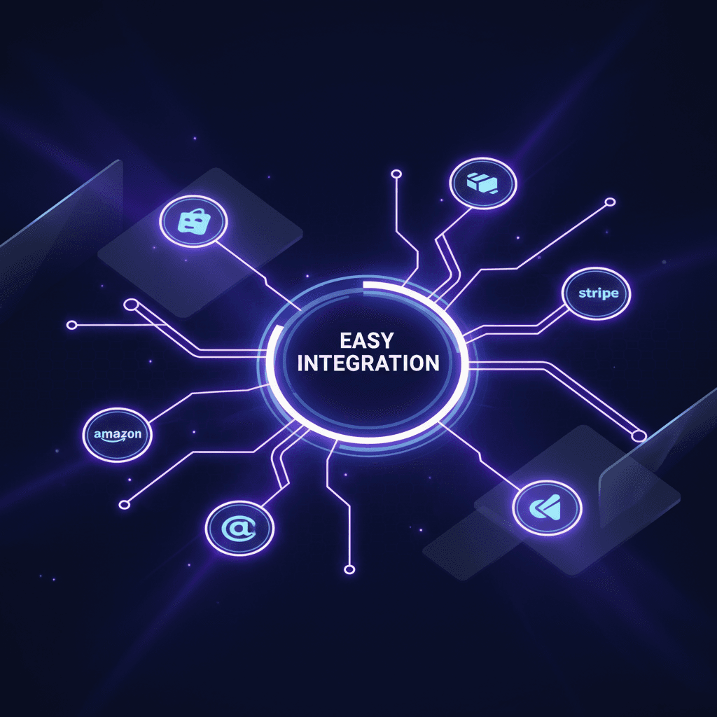 Digital illustration showing seamless integration with e-commerce platforms using futuristic technology elements.
