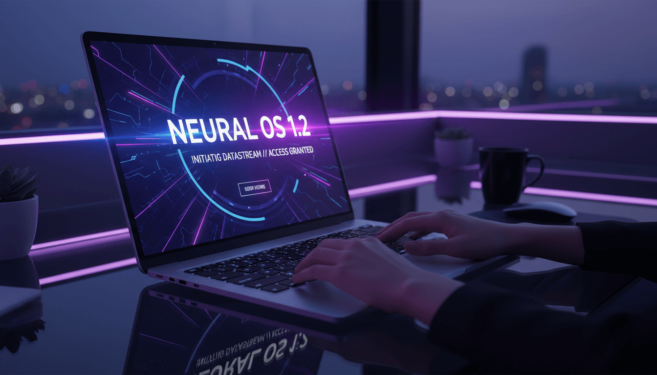 Mãos digitando em um teclado com interface IA moderna em tom azul escuro e roxo neon