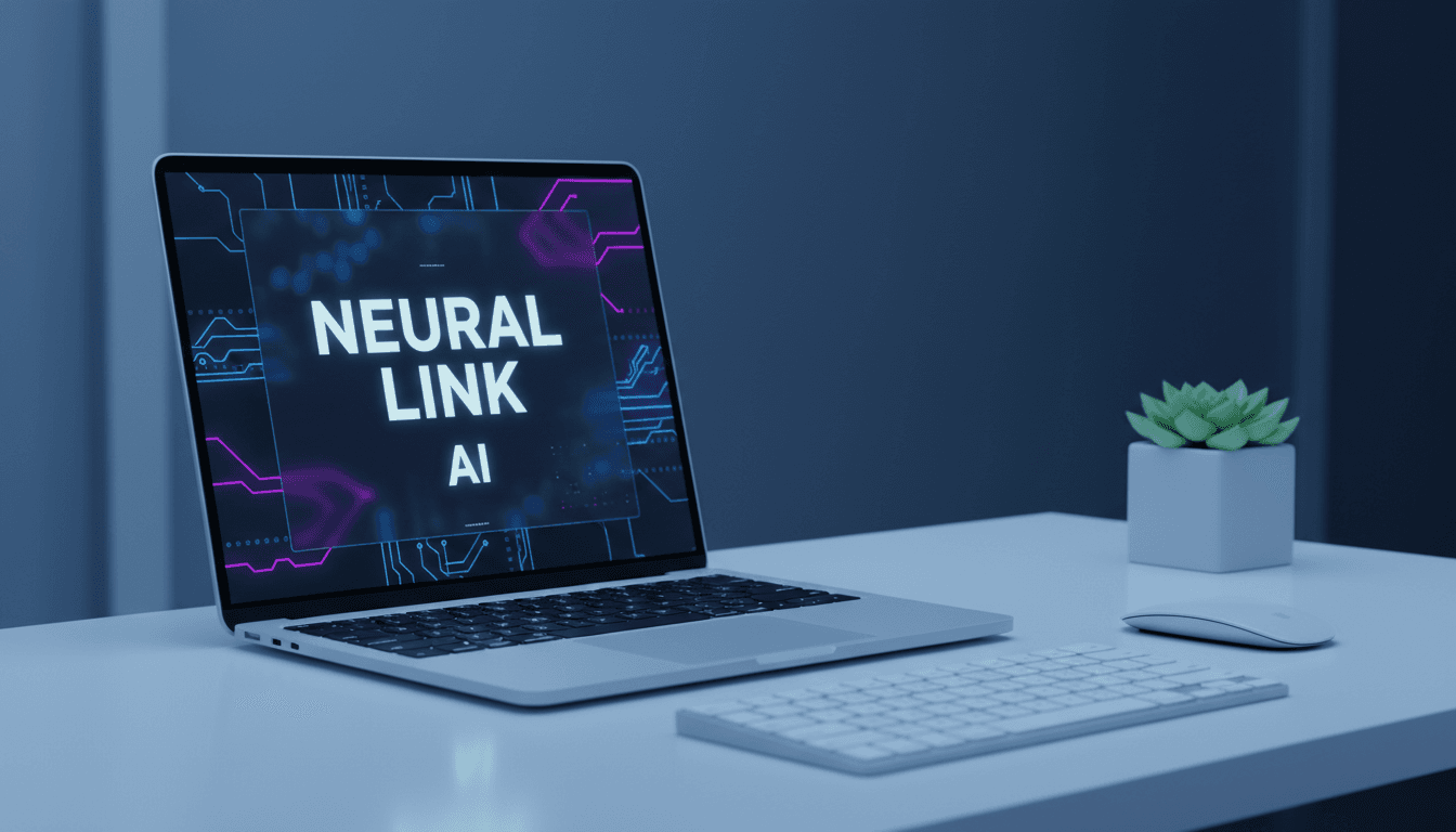 Workspace com laptop mostrando interface de IA com acentos roxo neon